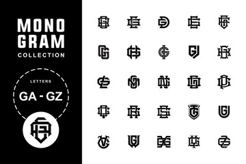 Monogram alphabet collection letters GA until GZ for clothing, apparel, football, baseball, basketball with interlock modern, sport, classic style