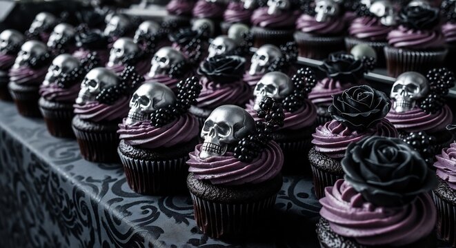 Gothic Halloween cupcakes with skull toppers & black roses. Perfect for spooky party invitations, themed dessert tables, or Halloween bakery promotions. Festive dessert.