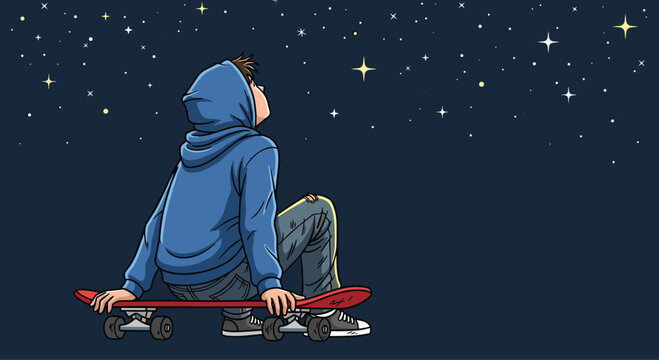 Teenager in hoodie gazes at starry night sky while sitting on skateboard, dreaming of future possibilities and adventure