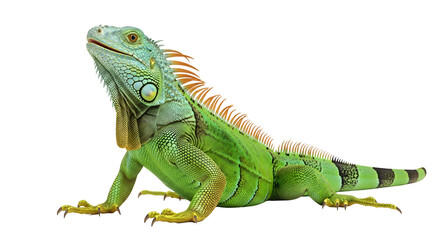 Obraz premium A Green Iguana Isolated on White Background a Colorful Reptile Lizard Close-up, Exotic Tropical Animal, Wildlife Nature Concept
