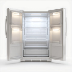 Modern White Refrigerator with Open Empty Interior in Sleek Minimalist Kitchen - Energy Efficient Appliance for Food Preservation and Organization with LED Lights and Easy Access Shelves