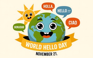 Happy cartoon earth character with sun and hello greetings in different languages