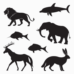 Collection of diverse animal silhouettes including a majestic lion graceful dolphin powerful elephant elegant deer swift hare and two distinct fish species on a clean white background