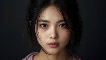 Portrait of a young woman without makeup and with messy dark hair, half body, front view.