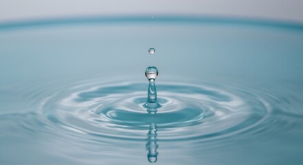 Photorealistic image of a water droplet falling into a pool creating ripples.