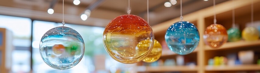 Colorful glass wind chimes Japanese toy store, soft light delicate close-up, transparent spheres with painted flowers, traditional decoration cheerful atmosphere