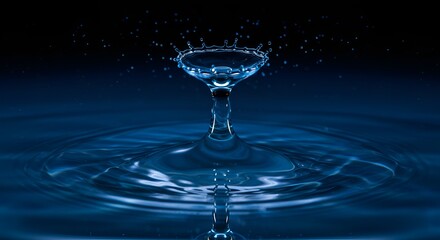 A captivating high-key studio shot captures the beautiful blue water droplet collision impact.