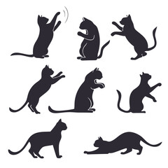 Collection of playful and active cat silhouettes in various poses demonstrating movement and feline behavior against a clean white background