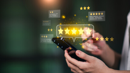 Concept of trust, engagement, and success through customer feedback and brand reputation, representing excellence, growth, and loyalty in the competitive online business environment.
