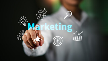 Business person pointing at digital icons of marketing, analytics, target, and innovation, representing digital marketing strategy, online promotion, and data-driven business development.