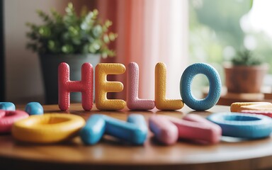 Colorful hello and goodbye letters on a wooden table with plants