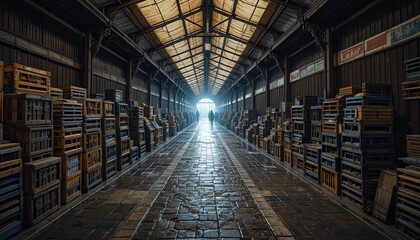 Evocative warehouse interior with wooden crates and silhouettes walking towards light, conveying industry, logistics, and a sense of purpose