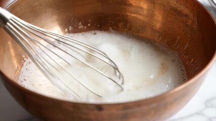 Whisking Eggs in Copper Bowl to Prepare Food Recipe
