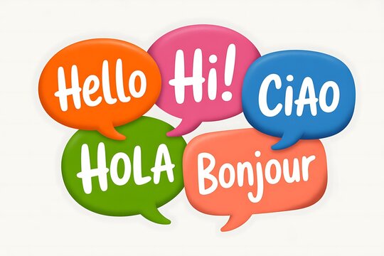 Speech bubbles with greetings in different languages