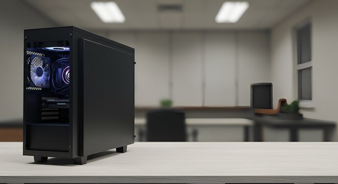 A sleek, matte black computer tower sits on a desk in a blurred office setting, creating mood.