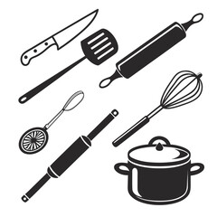 Collection of black and white silhouette kitchen utensils including a knife spatula rolling pin whisk strainer and pot on a white background