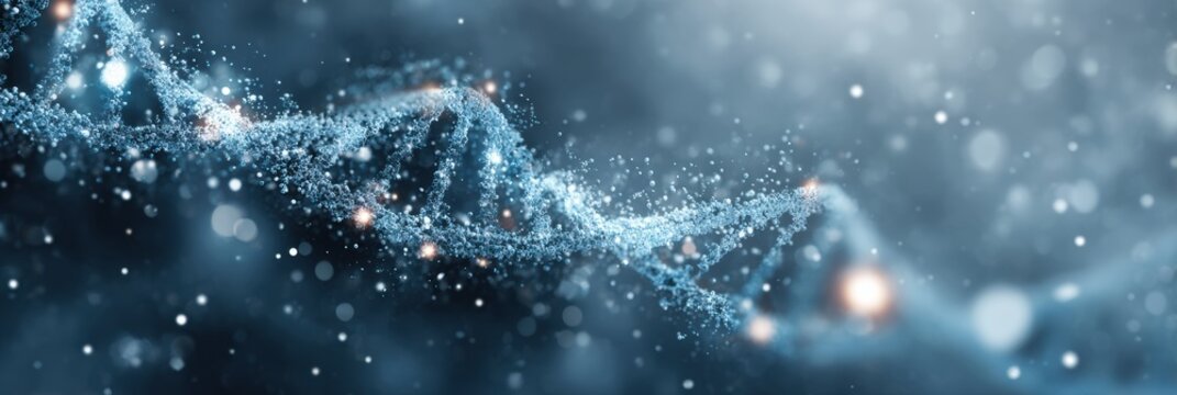 Intricate DNA Strand Glowing in a Cosmic Scene With Swirling Particles Against a Dark Background