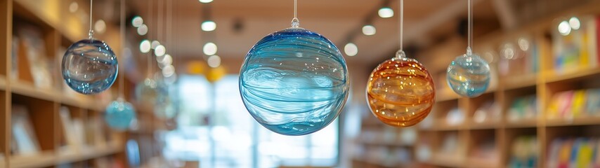 Colorful glass wind chimes Japanese toy store, soft light delicate close-up, transparent spheres with painted flowers, traditional decoration cheerful atmosphere