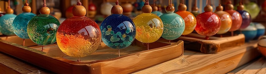 Colorful glass wind chimes Japanese toy store, soft light delicate close-up, transparent spheres with painted flowers, traditional decoration cheerful atmosphere