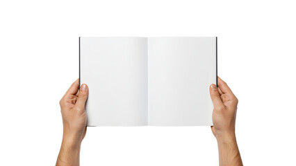 Person holding closed blank book in both hands with white cover