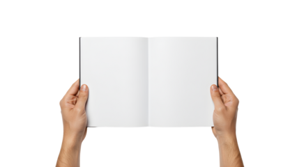 Person holding closed blank book in both hands with white cover