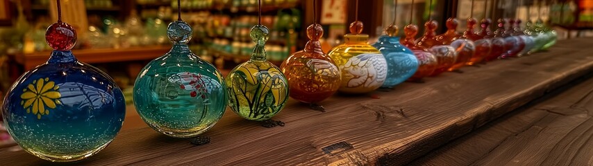 Colorful glass wind chimes Japanese toy store, soft light delicate close-up, transparent spheres with painted flowers, traditional decoration cheerful atmosphere