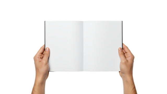 Person holding closed blank book in both hands with white cover