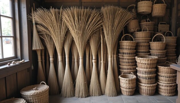 Rustic charm with handmade brooms and woven baskets evokes a sense of tradition and artisanal craftsmanship, perfect for vintage decor projects