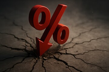 Red percentage symbol with downward trend on cracked surface, symbolizing financial decline or reduced rates.