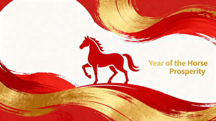 Red horse silhouette on red and gold wave background with 'Year of the Horse Prosperity' text