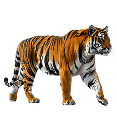Obraz premium PNG Striking Tiger: A majestic tiger confidently strides forward, showcasing its iconic orange and black striped coat, its piercing eyes revealing a sense of regal presence.