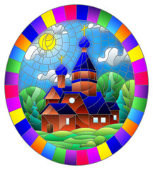 Obraz premium Illustration in stained glass style with Church on the background of summer landscape, a Church on the background of the Sunny sky and green trees, oval image in bright frame