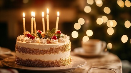 Birthday cake with candles and festive decorations on table  