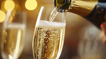 Sparkling champagne pouring into a glass with blurred festive background  