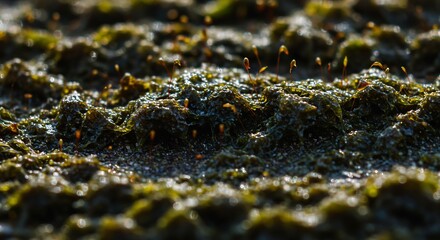 Mosscovered surface with sprouting tendrils under bright light casting dark shadows