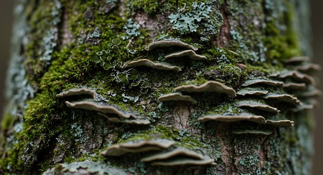 Mosscovered tree trunk with shelf fungus  foliose lichen displaying a closeup view