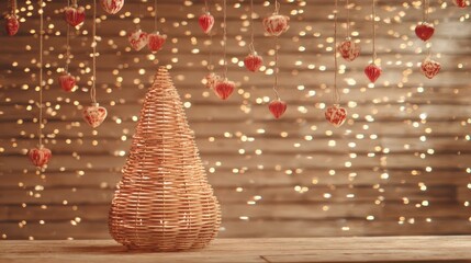 Decorative wicker Christmas tree with hanging red heart ornaments and warm bokeh lights on wooden background