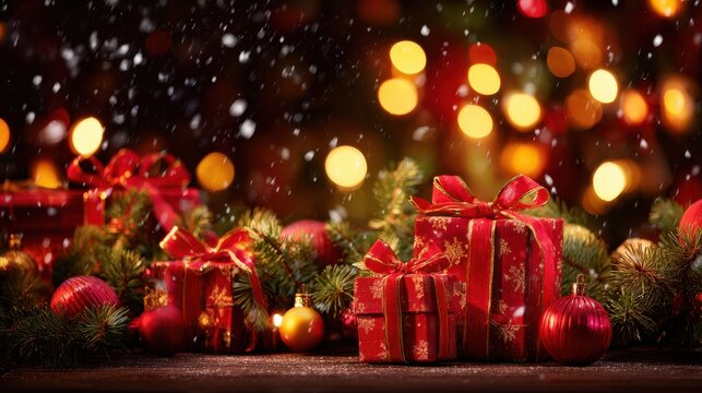 Festive Christmas gifts wrapped in red with golden snowflake patterns under pine branches with snowfall and warm bokeh lights