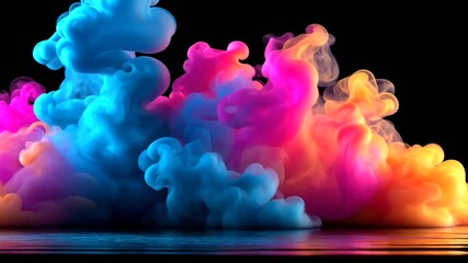 Dynamic, colorful smoke plumes in blue, pink, orange, purple, rising from a reflective surface - Powered by Adobe