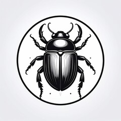 Detailed illustration of a black scarab beetle inside a circular emblem