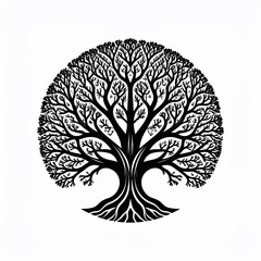 Intricate black and white illustration of a circular, spreading tree with detailed branches and roots