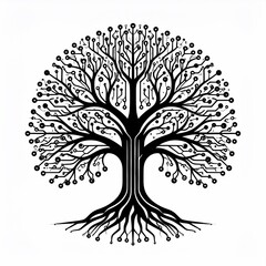 Stylized tree with digital circuit patterns and roots