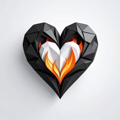 Geometric black heart framing white heart with vibrant flames