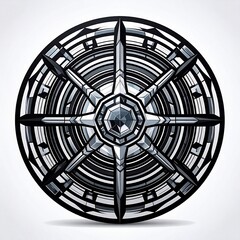 Intricate, geometric circular design with metallic sheen and sharp lines
