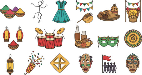 Vibrant Celebration Icons Depicting Global Cultural Festivals & Traditions: Festive Garments, Food, Music, & Dance Representing Diversity, Heritage, Community Events, & Social Gatherings for Marketing