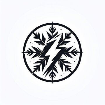 Bold abstract symbol combining sharp lightning bolt with snowflake and circular frame