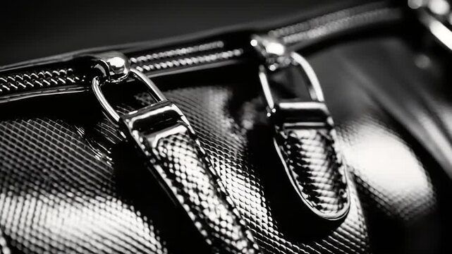 Close-up of shiny black textured handbag with metal zipper details.