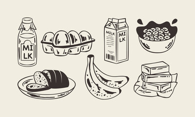 Breakfast ingredient illustration set featuring milk, eggs, bread, butter, banana, and cereal in vintage hand-drawn style.