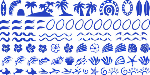Collection of blue tropical island beach vacation and ocean themed icons and elements © Sanjoy