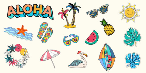 Bright and cheerful aloha summer vacation icons and symbols collection for a tropical beach holiday © Sanjoy